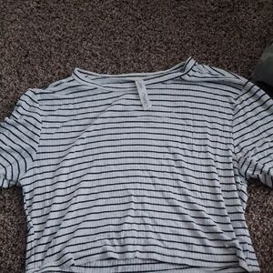 Crewneck Ribbed Short Sleeve Tee in White with Black Stripes